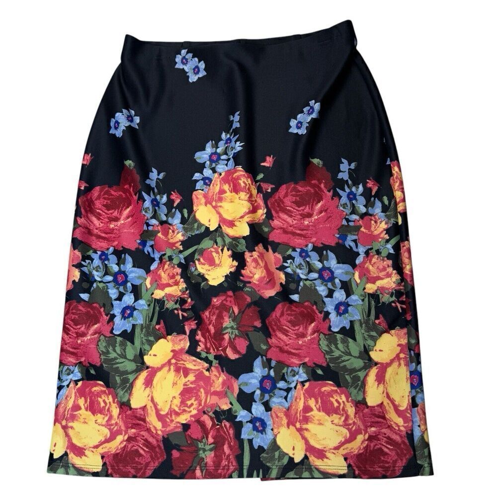 NYCC Women's Sz S Floral Pencil Straight Skirt Black Pink Stretchy Preppy Garden